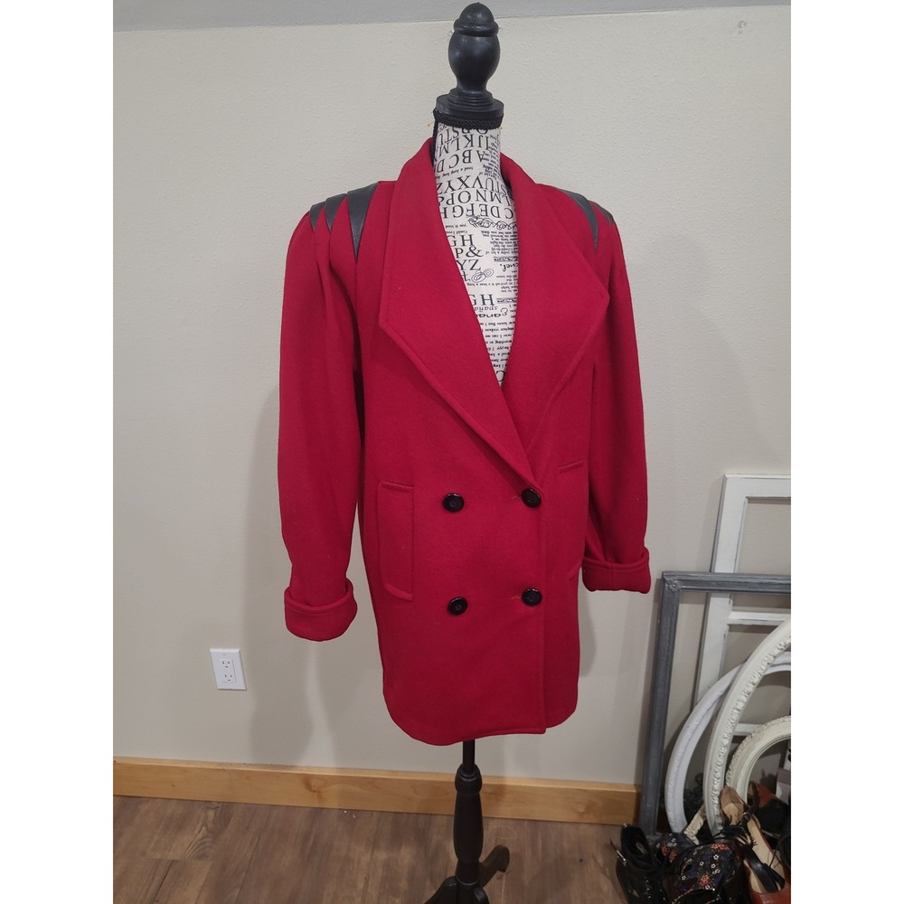 Vtg.‎ David Benjamin Red Wool double breasted coat Women SZ 10 leather trim 90's
